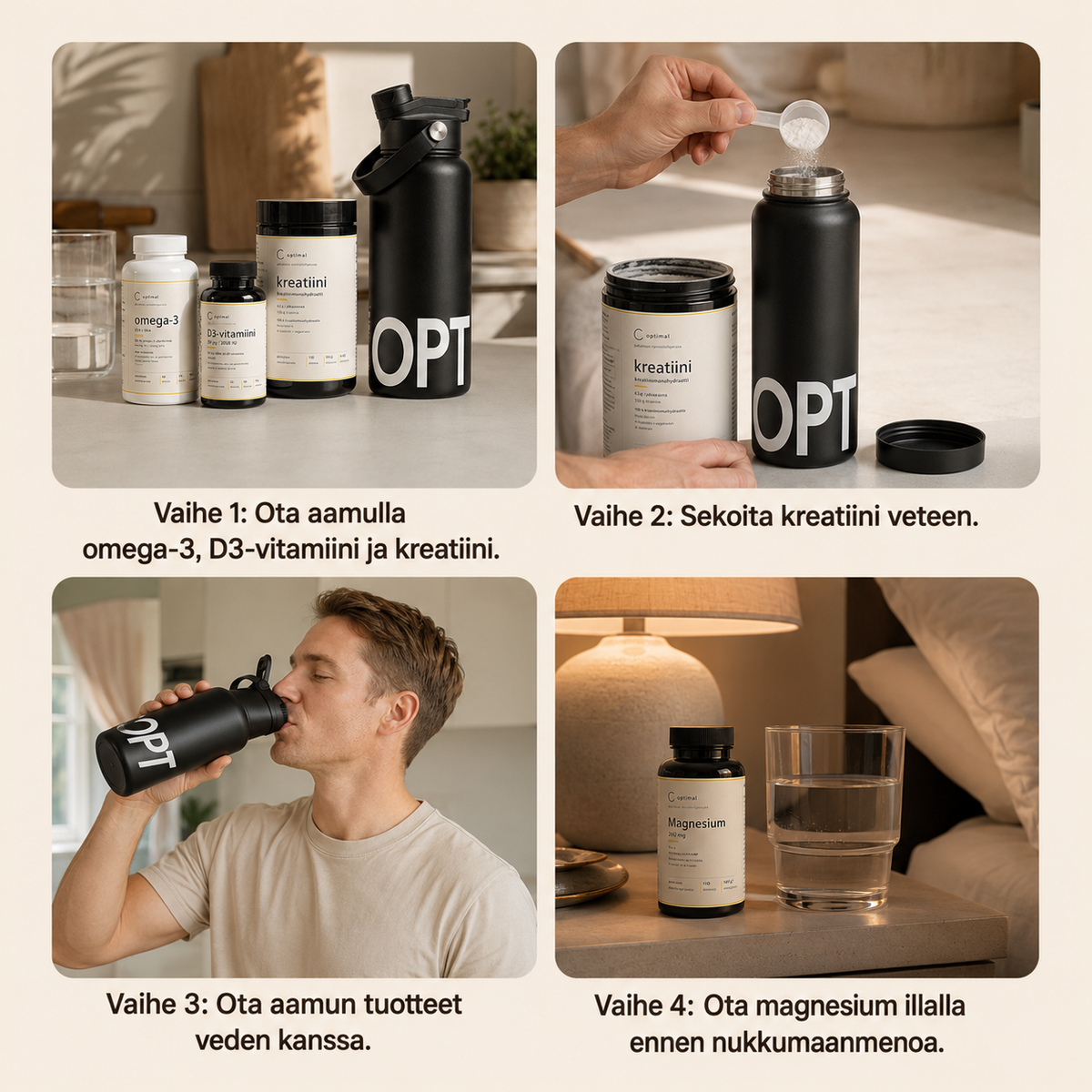 Näin käytät Optimalia: aamulla omega-3, D3-vitamiini ja kreatiini veteen sekoitettuna, illalla magnesium