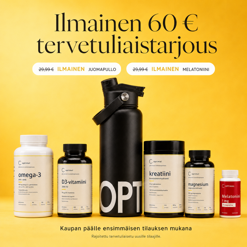 Ilmainen 60 euron tervetuliaistarjous: juomapullo ja melatoniini kaupan päälle